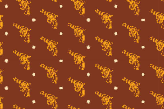 Cowboy revolver with stars seamless pattern on tan background. Western six shooter vintage repeating pattern. Gunslinger handgun illustration retro repeat motif