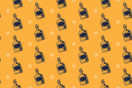 Whiskey bottle with dots seamless pattern on yellow background. Liquor bottle vintage repeating pattern. Western bourbon bottle illustration retro repeat motif