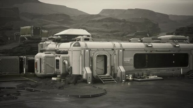 Remote field research space station perched near canyon rims, sampling instruments outside modules, sensor masts, sample containers, quiet scientific