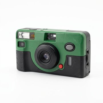 Green and black disposable camera with flash on white background