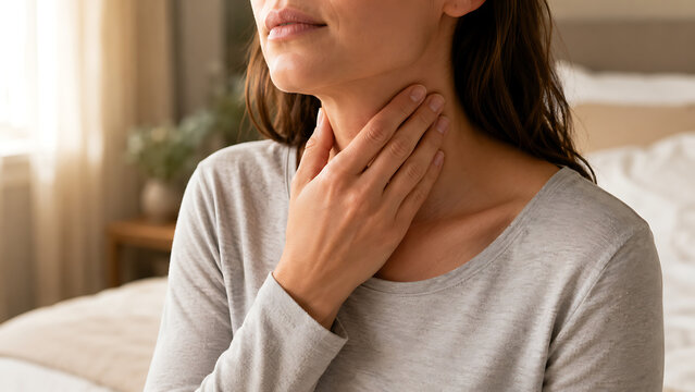 Woman holding the front of her throat while sitting at home, showing possible sore throat, neck pain, swallowing discomfort and an illness symptom concept.