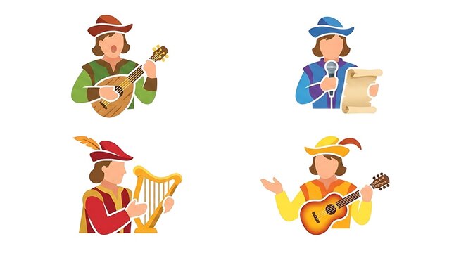 Medieval bard and minstrel characters set playing musical instruments and singing