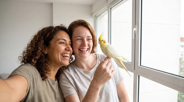 Two women laughing with yellow cockatiel bird. Joyful home scene of pet bonding and friendship. Use for lifestyle or pet care content.