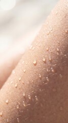 Fototapeta premium Extreme macro shot water droplets human skin. Bright sunlight highlights texture and moisture creating refreshing healthy mood. Ideal for skincare beauty or hygiene marketing.