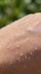 Fototapeta premium Close-up view of sweat or water beads on human skin. Represents hydration, physical activity, or skincare. Ideal for health, fitness, and beauty contexts.