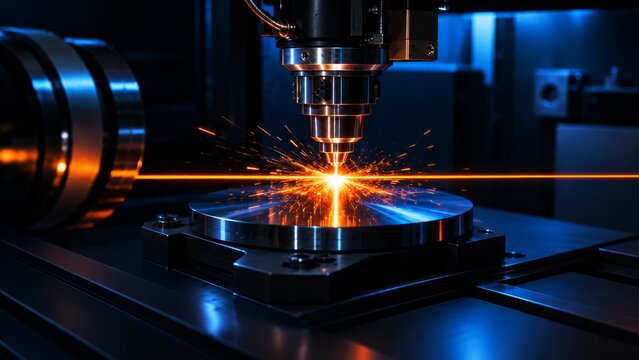 A high-tech laser cutting machine produces bright sparks as it processes a metallic surface, showcasing advanced manufacturing technology.