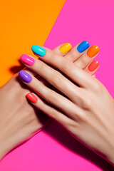 Fototapeta premium Close up of female hands with vibrant colorful manicure on nails against pink and orange background. Bright rainbow multi colored nail polish design for summer salon care