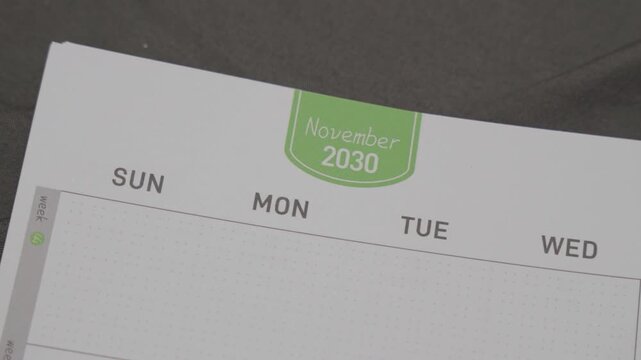November 2030 planner page with slow right camera movement for annual scheduling and calendar planning concept