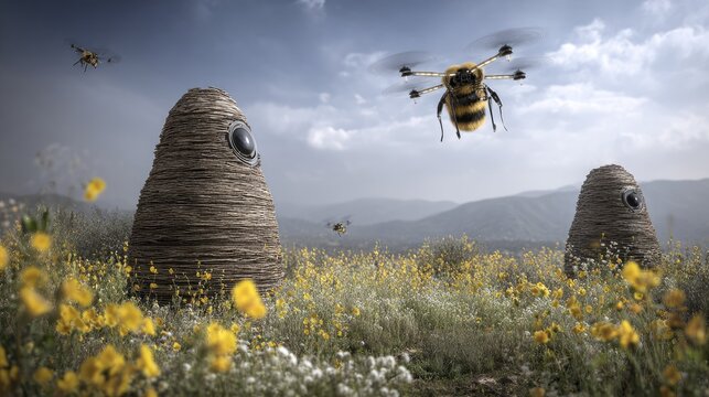 Futuristic drone bees flying over cone meadow hives.
