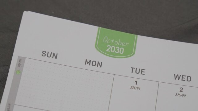 October 2030 planner page with slow right camera movement for annual scheduling and calendar planning concept