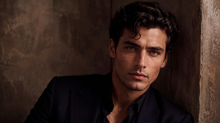 Fototapeta premium Close-up portrait of a handsome and sophisticated young man with dark wavy hair and intense eyes, wearing a black suit jacket and shirt, leaning against a textured brown wall in dramatic studio lighti