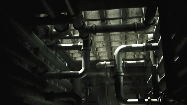 Overhead piping junction with intersecting steel pipes and clamps, manifold layout casting geometric shadows, sturdy supports and flanges highlight functional