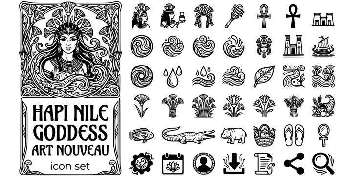 Hapi Nile Goddess Art Nouveau Black White-Water Vine Hair Papyrus Border-River Deity Vector-Hapi Icon Art Nouveau-Nile Egypt Design Set