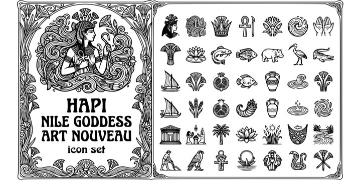 Hapi Nile Goddess Art Nouveau Black White-Water Vine Hair Papyrus Border-River Deity Vector-Hapi Icon Art Nouveau-Nile Egypt Design Set
