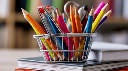 Fototapeta premium Office supplies sit in a tiny shopping basket atop books.