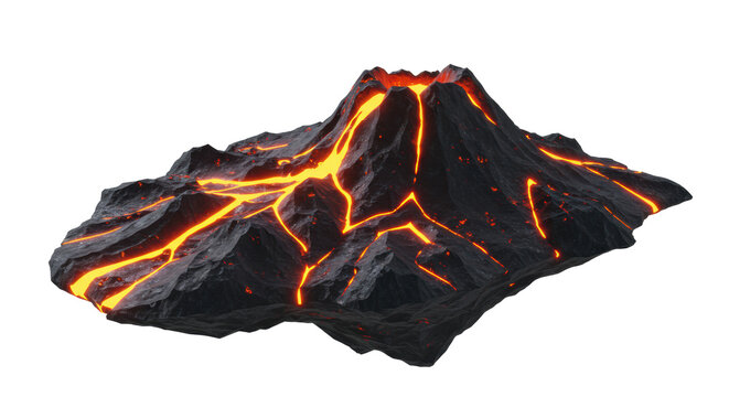 highly stylized panoramic 3d geometric structure of sharp peaks, rendered in vibrant molten orange lava and dark rock, isolated in a transparent studio void. Concept of geometric precision and power
