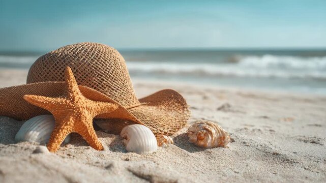 A tranquil beach featuring a straw hat, starfish, and seashells against the backdrop of the ocean.
