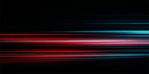 Abstract motion blur of red and blue light streaks on a dark background, representing speed, technology, or energy. © jaduuu
