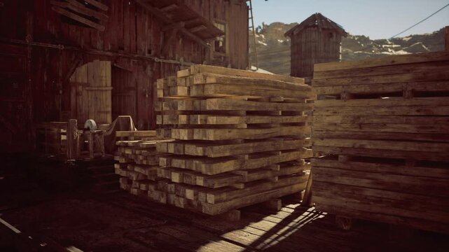Vintage timber stacks namibia yard, warm retro color grading, compact composition with stacked pallets and rugged buildings, storytelling mood of past labor