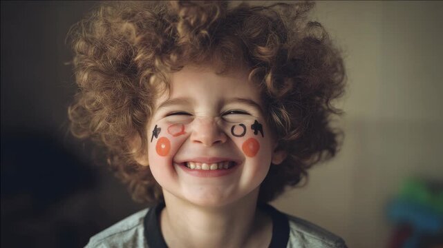 Joyful toddler with messy hair and makeup smeared on cheeks.