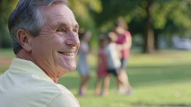 Smiling grandfather watching his family playing in a sunny park. Happy senior man enjoying time with children and relative outdoor. Multi-generational bond concept