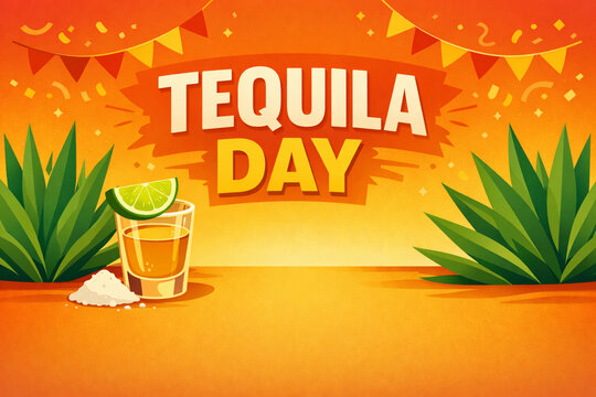 Tequila Day Banner with Shot Glass Lime and Agave Illustration