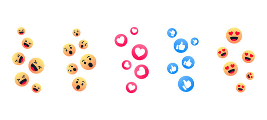 Social media reaction icons flying up — hearts, likes, and laughing emojis in colorful streams for digital engagement and live feedback design © icons gate