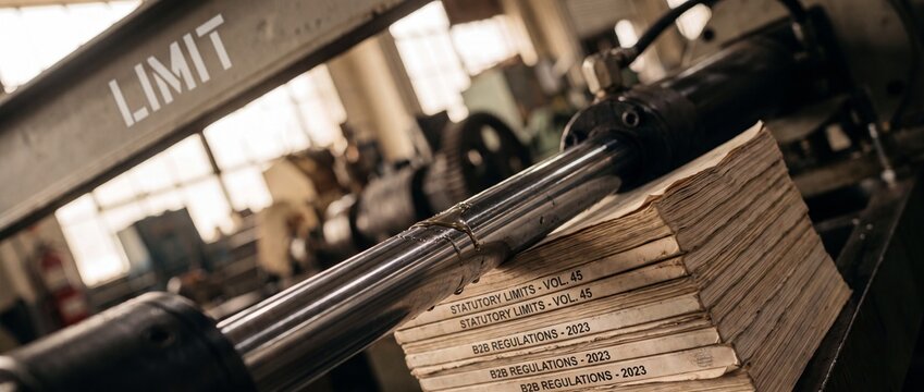 Regulatory compliance pressure hydraulic press crushing legal regulation books of statutory business limits in a gritty industrial factory warehouse setting to represent government policy control.