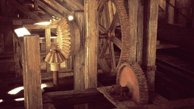 Restoration ambiance inside historic wooden mill with gears and scaffolding hints, careful conservation lighting and tactile patina evoking preservation work