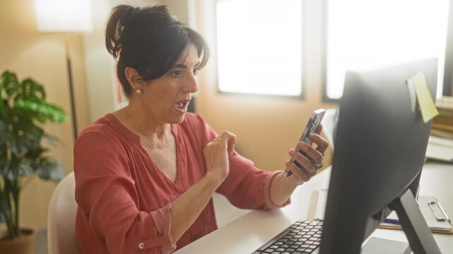 Woman holding smartphone with hand over mouth at desk in building office, looking at monitor; shock worry.
