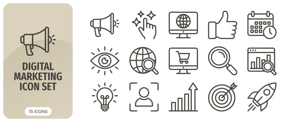Digital marketing icon set, line icons for business, marketing, seo, social media, ecommerce, web development, and strategy, vector illustration © Abir Creative Studio