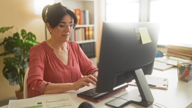 Woman at desktop computer giving thumbs up while smiling and typing with keyboard, documents and monitor visible in office building; confidence productivity.