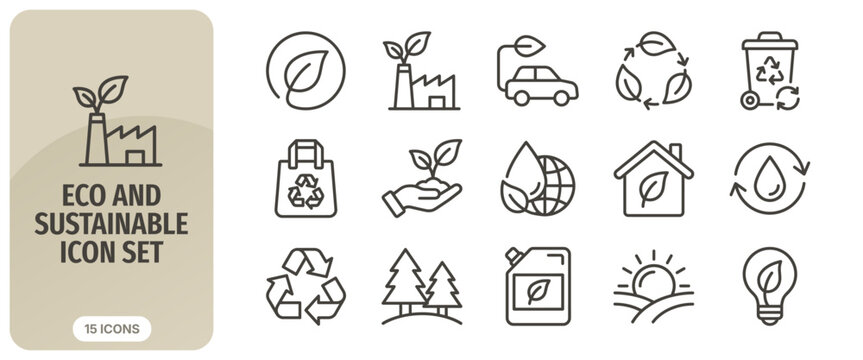 Eco and sustainable icon set, thin line style, vector illustration for environmental protection, green energy, recycling, and nature conservation concepts