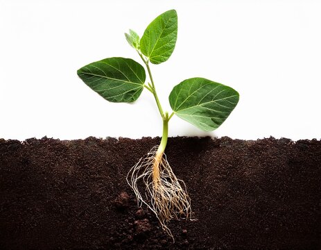 green soybean plant with healthy roots growing in soil isolated on background soybean plant green growth roots soil