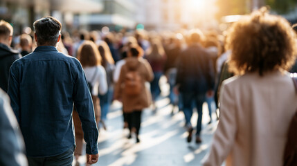 Fototapeta premium A bright pedestrian walkway busy with faceless people soft daylight and layered depth pedestrian walkway crowd pedestrianization urban navigation walkability city life