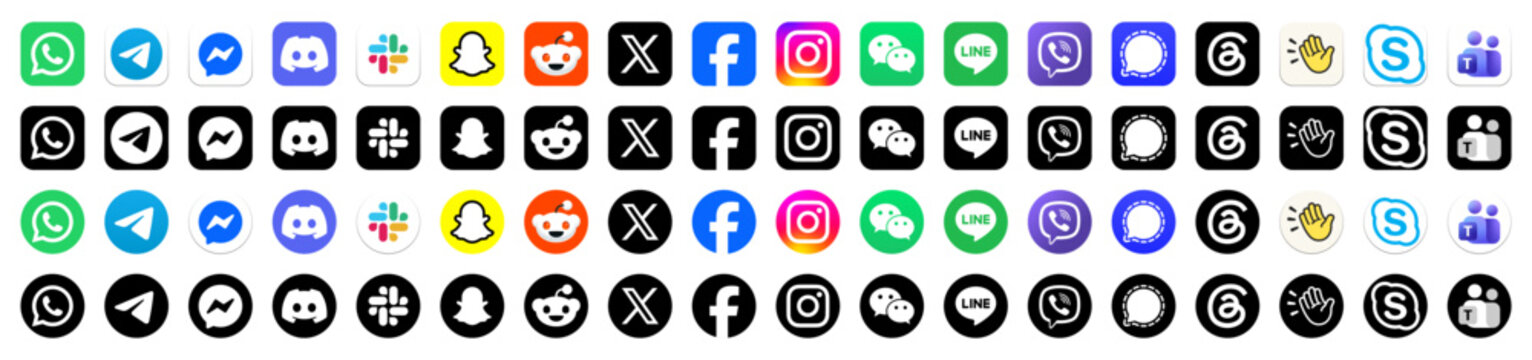 social media icon set or social network logos , facebook, instagram, threads, x, youtube, whatsapp, telegram, reddit, tiktok, snapchat, slack, skype, viber, microsoft teams, flat vector icon