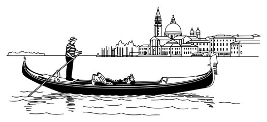 Gondolier rowing a traditional gondola in Venice Italy with landmark church in background minimalist black and white line art vector © OnlyVector
