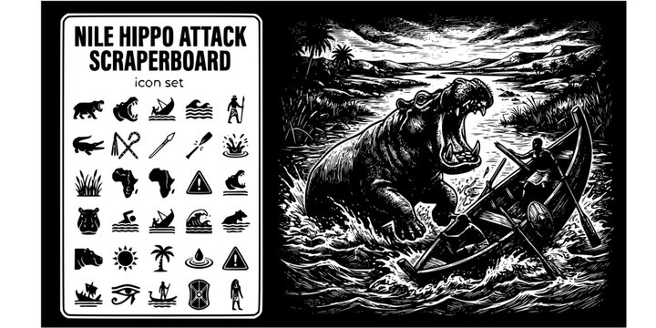Nile Hippo Attack Scraperboard Black White-River Surge Jaw Capsize Danger-Ancient Vector-Attack Icon Scraperboard-Nile Egypt Design Set