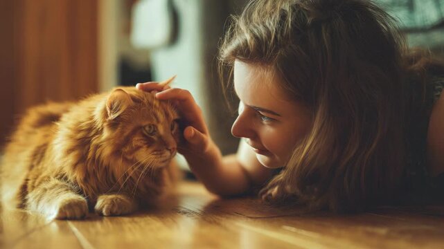 A tender moment between a woman and her pet cat, with gentle touch of hand on cat's head.