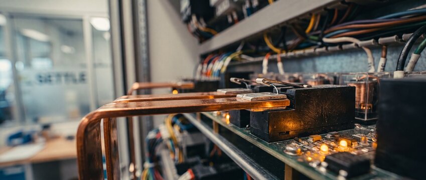Electrical control panel copper busbars on electronic circuit board in industrial power distribution cabinet with wiring harness systems and modern engineering technology component networks.