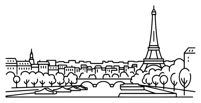 Eiffel Tower and Paris city skyline along the Seine river in clean line art style