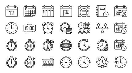 Fototapeta premium Time and management line icons set, 28 vector outline symbols of clocks and calendars, productivity and scheduling interface elements for business apps