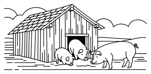 Pigs and piglets in front of wooden pigsty on a farm in minimalist line art © OnlyVector