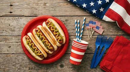 Four hot dogs on red plate with American flag and picnic items on wooden table fourth of july independence day © Doley Design