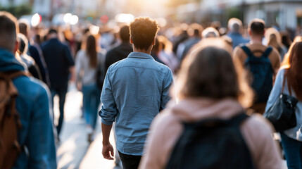 Fototapeta premium A crowd of faceless people walking on a bright city street layered depth and soft daylight crowd pedestrianization city street urban life walkability commuting foot