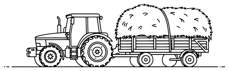 Farm tractor pulling a wooden trailer loaded with harvested hay minimalist black and white line art vector © OnlyVector