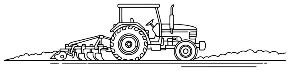 Farm tractor plowing field in countryside landscape in minimalist line art © OnlyVector
