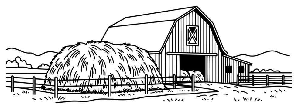 Wooden barn and large haystack in fenced paddock in minimalist line art