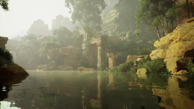 Solitary column rising from misty canyon, vertical stone monolith reflected in still pool, surrounding boulders and sparse vegetation, hushed mood suggesting