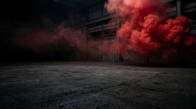 Red Smoke Bomb Exploding in a Dark Industrial Warehouse with Concrete Floor explosion